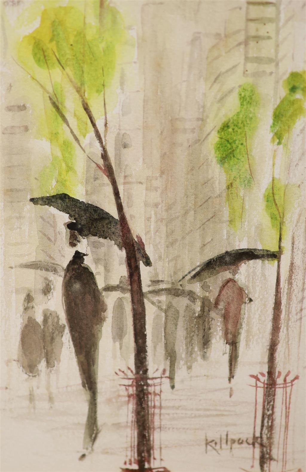 Mona Killpack, watercolour, Umbrellas in New York, signed, 24 x 16.5cm